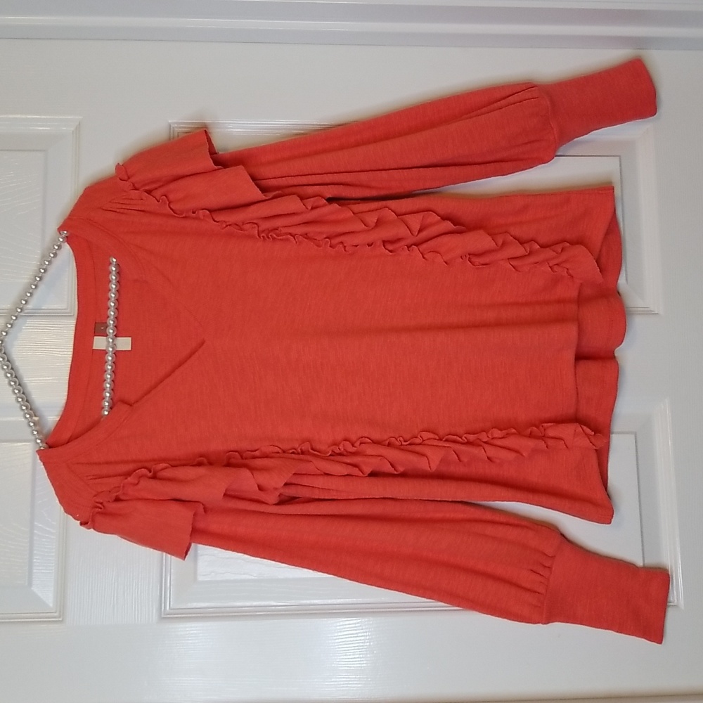 Pilcro Womens V Neck Orange Ruffle Longsleeve Sweater size Small - Picture 4 of 12